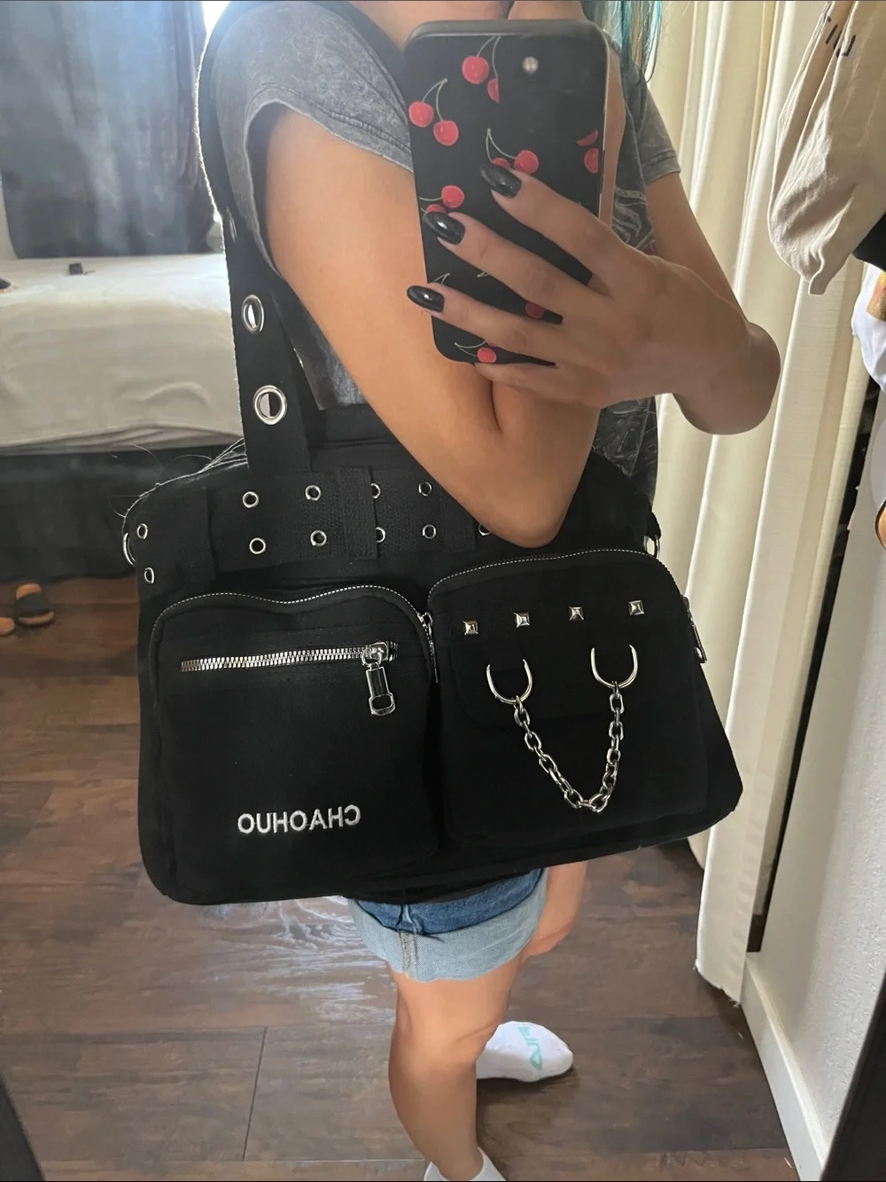 Black Canvas Multi-Pocket Shoulder Bag for Men